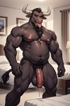 2_horns anthro bedroom big_butt big_penis bisexual black_body bodily_fluids butt female genital_fluids genitals horn male mature_male musclegut muscular muscular_male penis precum solo tounge killawatt bovid bovine cattle humanoid mammal hi_res