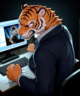 angry anthro business_suit carrying_partner clothing computer duo female fist kissing male necktie pattern_necktie pink_eyes sitting snarling solo striped_necktie suit anonymous_director anon clydesdale draft_horse equid equine felid horse human mammal pantherine tiger hi_res
