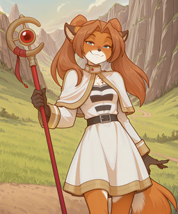 5_fingers anthro blue_eyes breasts brown_body brown_fur brown_hair clothed clothing day detailed_background dress female fingers fur grass hair holding_object iskra looking_at_viewer outside plant sky smile solo staff tree tuft anontk twokinds frieren laura_(twokinds) canid canine fox keidran mammal hi_res