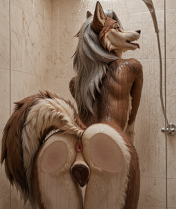against_glass animal_genitalia animal_pussy anthro anus butt canine_genitalia canine_pussy female genitals hair long_hair looking_away open_mouth pussy shower solo tail tongue tongue_out crimson_fenrir_(director) hellaverse helluva_boss loona_(helluva_boss) canid canid_demon demon hellhound mammal hi_res
