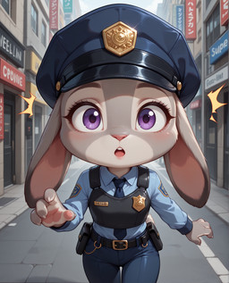 anthro blush bottomwear building city city_background claws clothing eyelashes female fur grey_body grey_fur long_ears looking_at_viewer necktie open_mouth outside pants police_hat police_uniform purple_eyes solo standing uniform turkey_(director) disney zootopia judy_hopps lagomorph leporid mammal rabbit hi_res