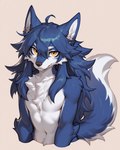 amber_eyes anthro blue_body blue_fur blue_hair chest_tuft feral fluffy fluffy_ears fluffy_tail fur hair long_hair male neck_tuft smile solo tuft alastorgj fell_(fenrir) animal_humanoid canid canine canis humanoid mammal mammal_humanoid wolf hi_res