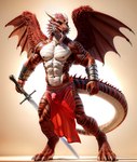 abs anthro bulge claws clothing dragon_tail dragon_wings fangs feathers fur horn male melee_weapon navel nipples open_mouth scales simple_background smile solo sword tongue tongue_out weapon wings wolfs-chaser dragon feathered_dragon furred_dragon hybrid reptile scalie hi_res