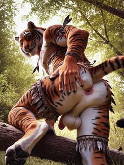 4_toes 5_fingers anthro anus backlighting backsack ball_tuft balls bent_over biceps black_lips black_pawpads black_stripes black_tail_tip bracelets branch brown_eyes butt butt_focus butt_grab cheek_tuft claws clothing digitigrade facial_markings facial_tuft feathers feet film_grain fingers flaccid fluffy fluffy_tail forest forest_background fur genitals grass grey_claws hand_on_butt hand_on_own_butt head_markings hindpaw humanoid_genitalia humanoid_penis ineffective_clothing inner_ear_fluff jewelry light lips log long_tail looking_at_viewer looking_back looking_back_at_viewer low-angle_view male markings mostly_nude multicolored_body multicolored_fur multicolored_tail muscular muscular_anthro muscular_male nature nature_background necklace nipples orange_body orange_fur outside pawpads paws penis pink_anus pink_nipples pink_nose pink_penis pinup plant pose presenting presenting_anus presenting_hindquarters raised_leg raised_tail realistic rear_view seductive shrub smile smiling_at_viewer solo standing striped_body striped_fur striped_markings striped_tail stripes sunlight tail_markings tattoo toes tree tribal tribal_clothing tribal_jewelry tribal_necklace tribal_outfit tribal_tattoo tuft whiskers white_balls white_body white_butt white_fur white_whiskers wood sausagerechts felid mammal pantherine tiger absurd_res hi_res lighting