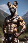 anthro clothing harness jockstrap male muscular river solo underwear woods hyaenid mammal absurd_res hi_res