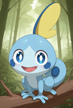 ambiguous_gender baby blue_body blue_eyes blush feral forest forest_background looking_at_viewer nature nature_background open_mouth plant smile smiling_at_viewer solo tree young anguirus12345 nintendo pokemon generation_8_pokemon pokemon_(species) sobble hi_res