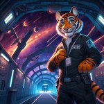 alien_planet anthro belt black_stripes clothing felid fur lanyard male mammal markings meteor_shower nikkolaus orange_body orange_fur pantherine pink_nose planet solo space space_station spacecraft spacecraft_interior striped_body striped_fur striped_markings striped_tail stripes tail_markings tiger uniform vehicle