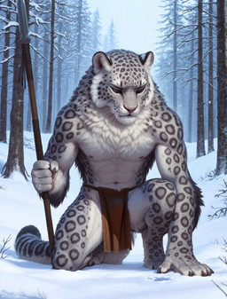 5_fingers abs anthro arm_tuft biceps black_body black_fur black_tail_tip black_tuft bottomwear branch bulge cheek_tuft chest_tuft clawed_hands claws clothed clothing crotch_tuft digitigrade dipstick_tail facial_tuft fingers foot_tuft footprint fur green_eyes grey_body grey_fur holding_object holding_spear holding_weapon hunting inner_ear_fluff kneeling_on_ground leather_straps loincloth looking_at_object looking_down male markings melee_weapon multicolored_body multicolored_fur muscular muscular_anthro muscular_male muscular_thighs navel neck_tuft nipples obliques open_clothing partially_clothed pawpads pawprint pecs pink_nipples pink_nose plant polearm serratus snow snow_on_branches snow_on_ground snowing solo spear spots spotted_markings tail tail_markings toe_claws tree tuft weapon whisker_markings whiskers white_body white_fur white_tuft winter knotanotherfurry felid mammal pantherine snow_leopard 2025 absurd_res hi_res