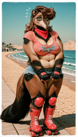 anthro beach bottomwear clothing female midriff navel old_photograph outside ripped_jeans roller_skates seaside shirt shorts slightly_chubby small_cotton_scarf solo standing tank_top topwear torn_bottomwear torn_clothing torn_shorts nnam_si3 anteater mammal pilosan xenarthran absurd_res hi_res