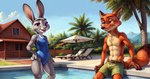 anthro arm_support beach_chair beach_umbrella belt bottomwear building clothing cloud duo ears_up female floor hand_on_hip house looking_at_another looking_at_viewer male male/female mountains one-piece_swimsuit open_mouth outdoors palm_tree partially_submerged plant pool shorts smile swimwear tile tile_floor tree zootopia hank94_(director) judy_hopps nick_wilde canid canine fox lagomorph leporid mammal rabbit hi_res