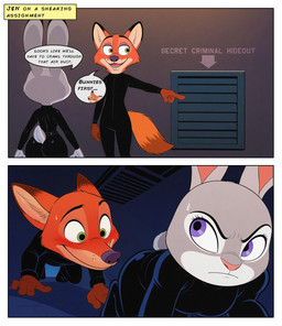 all_fours annoyed blush bodily_fluids bodysuit butt clothed clothing dialogue dipstick_ears duo ear_markings facial_markings female fur green_eyes grey_body grey_fur head_markings humor latex looking_at_butt male markings multicolored_ears orange_body orange_fur purple_eyes skinsuit smile speech_bubble sweat sweatdrop tail text tight_clothing hank94_(director) disney zootopia judy_hopps nick_wilde canid canine fox lagomorph leporid mammal rabbit red_fox comic english_text hi_res