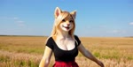 anthro blonde_hair bottomwear breasts cleavage clothed clothing female fluffy fluffy_tail fur grass grassland hair no_underwear plant realistic realistic_fur realistic_lighting red_eyes skirt solo yellow_body yellow_fur zabern mila_minx mammal mink mustelid musteline true_musteline animated hi_res webm