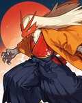 anthro asian_clothing blue_eyes bottomwear clothing detailed_background east_asian_clothing fire fur hakama japanese_clothing kimono looking_at_viewer male pose solo alastorgj nintendo pokemon blaziken generation_3_pokemon pokemon_(species) hi_res