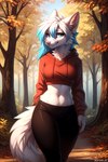 anthro autumn black_clothing blue_eyes blue_hair bottomwear breasts canine_teeth clothed clothing crop_hoodie crop_top female forest fur hair hoodie leggings legwear looking_at_viewer midriff navel outside pink_nose plant red_clothing shirt smile smirk solo standing topwear tree tuft walking whiskers white_body white_fur white_hair asp791_(director) hannah_(asp791) arctic_fox canid canine fox mammal absurd_res hi_res