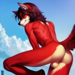 anthro backsack balls butt canid canine canis cloud day genitals girly hair kemowolf long_hair male mammal nude outside red_wolf slim solo wolf