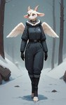 4_toes anthro bell bell_collar blue_eyes bovid_horn breasts caprine_horn clothed clothing collar digitigrade feathered_wings feathers feet female footwear fully_clothed gloves goat_horn handwear hood horn jumpsuit looking_away outside small_breasts smile snow snow_on_ground snowing solo toeless_footwear toes walking white_body wings winter oldhroft andria angel bovid caprine goat mammal full-length_portrait hi_res portrait