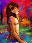 anthro brown_mane clothed clothing countershading forest fur grass green_eyes light_body light_countershading male mane nipples paint partially_submerged plant pond side_view solo standing_in_water tan_body tan_fur topless tree hamgas_(director) felid lion mammal pantherine colorful hi_res