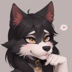 <3 ambiguous_gender anthro blush canid canine canis close-up collar eyebrows genny gesture mammal middle_finger narrowed_eyes raised_eyebrows seductive simple_background smile smirk solo tongue tongue_out wolf