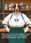 angry annoyed apron beverage big_breasts black_body bottomwear breasts brown_eyes cafe clothed clothing coffee coffee_shop container cross-popping_vein cup detailed_background dialogue dirty_talk female fully_clothed fur green_apron green_clothing horn huge_breasts humor i_mean_breast_milk inside looking_at_viewer open_mouth profanity shirt solo text topwear vein white_body white_fur otteranon bovid bovine cattle mammal english_text hi_res meme