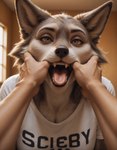 anthro bodily_fluids clothed clothing fangs female finger_in_mouth first_person_view fur grey_body grey_fur human_on_anthro inside interspecies looking_at_viewer mouth_play realistic realistic_fur realistic_lighting saliva shirt teeth text text_on_clothing tongue tongue_out topwear window nnam_si3 canid canine canis human mammal wolf absurd_res hi_res