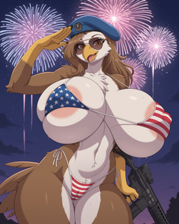 4th_of_july amber_eyes american_flag_bikini anthro aviator_glasses beak beret big_breasts breasts brown_body brown_feathers claws clothing feathers female fireworks gesture gun hat headgear headwear holding_object holding_weapon huge_breasts night nipples non-mammal_breasts non-mammal_nipples ranged_weapon rifle salute solo stars_and_stripes tail_feathers united_states_of_america weapon white_body white_feathers thebiologist accipitrid accipitriform avian bald_eagle bird eagle sea_eagle hi_res