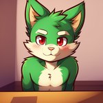 anthro belly blush fur furniture green_body green_fur male red_eyes solo table tan_belly candougie megaman_(game) tango_(mega_man) domestic_cat felid feline felis mammal