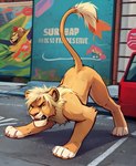 3_legs angry ass_up blonde_mane feral looking_at_viewer male mane snarling solo street yellow_eyes hamgas_(director) felid lion mammal pantherine hi_res