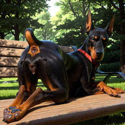 anatomically_correct anatomically_correct_genitalia animal_genitalia animal_pussy anus ass_up bench butt canine_genitalia canine_pussy casual_exposure casual_nudity collar day detailed_background digitigrade ears_up female feral genitals hair looking_at_viewer nails outside park pawpads paws plant presenting presenting_hindquarters pussy raised_tail realistic_feral short_hair short_tail solo suggestive tail_anus tree pleasedontlook canid canine canis dobermann domestic_dog mammal pinscher hi_res