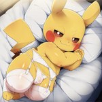 bed blush bulge clothed clothing crossdressing feet fur furniture half-closed_eyes lingerie looking_at_viewer male narrowed_eyes naughty_face pillow semi-anthro simple_background smile solo toes yellow_body yellow_fur anonymous_director nintendo pokemon generation_1_pokemon pikachu pokemon_(species) hi_res