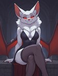 anthro black_clothing breasts claws clothed clothed_anthro clothed_female clothing colored_nails director_name dress fangs female fur glowing glowing_eyes inside legwear membrane_(anatomy) membranous_wings nails neck_tuft pink_nose red_clothing red_eyes red_nails red_wings sitting skimpy solo stockings stone_building text tuft white_body white_fur wing_claws wings gilkardex countess microbat phyllostomid vampire_bat yangochiropteran absurd_res hi_res signature