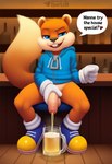 anthro balls beverage blue_eyes bodily_fluids bottomless buckteeth clothed clothing container dialogue footwear foreskin fur furniture genital_fluids genitals gloves handwear hoodie humanoid_genitalia humanoid_penis looking_at_viewer male male_peeing narrowed_eyes open_mouth orange_body orange_fur peeing penis shoes sitting smile solo speech_bubble stool talking_to_viewer teeth text topwear urine urine_stream watersports sergalbutt conker's_bad_fur_day rareware conker mammal rodent sciurid tree_squirrel english_text hi_res signature url