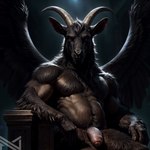 abs anthro baphomet_(disambiguation) big_penis black_body black_fur chair dark_body dark_fur detailed_fur flaccid foreskin fur furniture genitals hair horn humanoid_genitalia humanoid_penis light looking_at_viewer male musclegut muscular muscular_anthro muscular_male navel nude pecs penis presenting realistic red_eyes satanist sitting smile solo throne tuft wings notte bovid caprine caprine_demon demon goat goat_demon mammal absurd_res dark_theme detailed hi_res lighting portrait shaded soft_shading