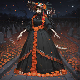 anthro black_clothing black_dress black_hair bone breasts candle cemetery cigarette clothed clothing day_of_the_dead dia_de_los_muertos dress female flower glowing glowing_eyes goth hair hat headgear headwear holidays mexican_holiday moon night outside petals plant skeleton skull solo tail tombstone k01 catrina animated_skeleton canid canine mammal undead digital_media_(artwork) hi_res