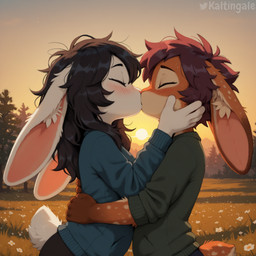 5_fingers ambiguous_gender anthro black_hair blush bottomwear brown_body brown_fur clothed clothing detailed_background duo embrace eyes_closed female female/ambiguous fingers flower fur grass hair hand_on_cheek hug inner_ear_fluff kissing long_ears long_hair multicolored_body multicolored_fur nature nature_background outside pants plant purple_hair scut_tail short_hair short_tail side_view sky spots spotted_body spotted_fur standing sun sunset sweater topwear tree tuft white_body white_fur kaltingale_(director) lagomorph leporid mammal rabbit hi_res watermark