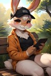 anthro bottomwear cellphone clothed clothing denim denim_clothing female fur hair hat headgear headwear holding_object holding_phone jeans looking_at_viewer pants phone smile solo solo_focus topwear white_body white_fur nikfur lagomorph leporid mammal rabbit absurd_res hi_res