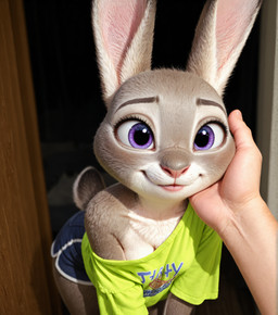 anthro blue_bottomwear blue_clothing blue_shorts bottomwear close_up clothing disney duo female green_clothing green_shirt green_topwear hand_on_face leaning leaning_forward photorealism pov_hands pov_human rabbit_ears scut_tail shirt short_tail shorts topwear purrfectlyai zootopia judy_hopps lagomorph leporid mammal rabbit absurd_res hi_res