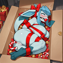 ahegao anal_object_insertion anthro ball_gag bdsm blush bodily_fluids bondage bound candy candy_cane container dessert female food gag gagged genital_fluids genitals in_box in_container inside looking_pleasured lying on_side pussy pussy_juice ribbon saliva shaking solo suitcase tears trembling lucasauditore nintendo pokemon eeveelution generation_4_pokemon glaceon pokemon_(species) full-length_portrait hi_res portrait