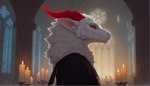 anthro black_clothing black_dress blurred_background candle cathedral clothing dress fur horn looking_at_viewer male mouth_closed mythology priest red_eyes red_horn religious_clothing side_view solo tuft white_body white_fur adragocult dragon furred_scalie hybrid mythological_creature mythological_scalie scalie absurd_res hi_res portrait signature