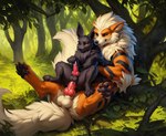 anal anal_penetration anatomically_correct anatomically_correct_genitalia animal_genitalia animal_penis arcanine balls bodily_fluids canid canine canine_genitalia canine_penis cum detailed detailed_background detailed_fur director_firewolf duo eevee feral feral_on_feral feral_penetrated fur furryrock_(model) generation_1_pokemon genital_fluids genitals grass hi_res knot lying male male/male mammal on_back pawpads paws penetration penis plant pokemon_(species) sex size_difference tree