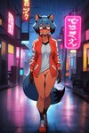 animal_ears anthro blue_hair bottomless bottomless_female brand_new_animal clothed clothing female flashing flashing_pussy fluffy fluffy_tail hair no_underwear peach_pussy public public_nudity solo walking michiru_kagemori canid canine mammal raccoon_dog tanuki hi_res