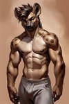 abs amber_eyes anthro anthro_male athletic biceps clothing grin male muscular muscular_male nipples painting shirtless simple_background smile smirk solo standing sweatpants young_adult fenrann hyaenid mammal spotted_hyena detailed digital_media_(artwork) digital_painting_(artwork) hi_res