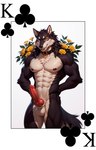 abs accessory animal_ears animal_genitalia animal_penis anthro balls big_penis black_body black_fur black_hair canine_penis card chest_tuft collar erection flower flower_in_hair fur genitals hair hair_accessory hands_behind_back knot looking_at_viewer male male_focus medium_hair multicolored_body muscular muscular_male nipples penis plant playing_card poker simple_background smile solo solo_focus standing teeth tuft wolf_tail yellow_eyes director_yeenashaven canid canine canis mammal wolf absurd_res hi_res portrait three-quarter_portrait