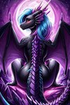 anthro black_body blue_hair claws dragon female hair highlights_(coloring) horn looking_at_viewer looking_back looking_back_at_viewer membrane_(anatomy) membranous_wings nude purple_body purple_hair purple_scales red_eyes scales scalie smile solo spread_wings toe_claws wings