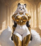 anthro armor bedroom_eyes bottomless clothed clothing female genitals gold_(metal) looking_at_viewer narrowed_eyes pussy seductive solo standing denis0k arctic_fox canid canine fox mammal