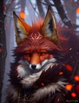 ambiguous_gender anthro canid canine embers fox fur icefoxai jewelry mammal necklace plant red_body red_eyes red_fur snow tree