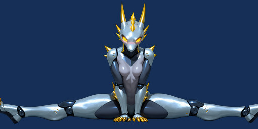 5_fingers anthro blush blush_lines breasts claws featureless_breasts feet female finger_claws fingers flexible glowing glowing_eyes horn machine metallic_body robotic_body solo spikes splits spread_legs spreading toe_claws toes yellow_eyes yellow_horn yellow_spikes whigwham e6ai mascot_2025 robot absurd_res hi_res
