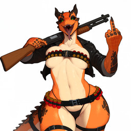 5_fingers belt big_breasts black_sclera breasts claws clothed clothing female fingers gesture green_eyes gun holding_gun holding_object holding_rifle holding_weapon horn jacket leather leather_clothing leather_jacket leather_topwear legwear looking_at_viewer middle_finger multicolored_body navel non-mammal_breasts open_mouth orange_body orange_scales panties ranged_weapon rifle scales sharp_teeth shotgun simple_background skimpy smile solo spikes squish standing tail teeth thick_thighs thigh_highs thong tongue tongue_out topwear underwear weapon white_background wide_hips unknown_director reptile scalie absurd_res hi_res portrait