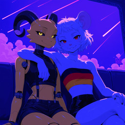 anthro arm_around_shoulders black_bottomwear black_clothing black_horn black_nails black_sclera black_shorts black_topwear bottomwear breasts buckteeth clothing colored_nails crossed_legs curled_horn duo female female/female flag_clothing fog fur furniture germany glowing glowing_eyes hair hand_on_knee hand_on_leg horn laser_beam looking_at_viewer machine messy_hair nails nightclub on_sofa pink_nose purple_background red_eyes robot_joints short_hair shorts simple_background sitting skin_fang sleeveless_shirt slim small_breasts smoke sofa suspenders teeth topwear tube_top white_body white_fur white_hair yellow_body yellow_eyes ls582 jessika_(ls582) marci_(ls582) kobold mammal mouse murid murine robot rodent scalie absurd_res cool_colors hi_res high_contrast stable_diffusion watermark