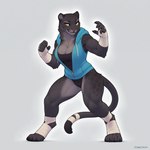 anthro biceps black_body black_clothing black_fur blue_clothing breasts claws cleavage clothed clothing female fighting_pose fur grey_body grey_fur jacket long_tail looking_at_viewer muscular muscular_female muscular_thighs neck_fluffy neck_tuft paws pose skimpy smile smiling_at_viewer solo spots spotted_body thick_thighs topwear tuft wrapped_hands yellow_eyes anonymous_director felid leopard mammal pantherine hi_res