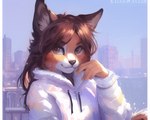 2022 ambiguous_gender anthro attempted_signature brown_body brown_eyes brown_fur brown_hair building city clothed clothing felid feline fully_clothed fur hair hoodie mammal ruilynx smile solo topwear white_body white_fur
